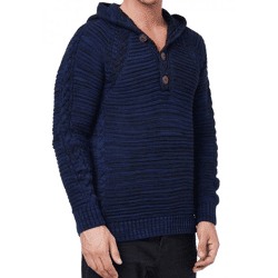 Markanter Herren Grobstrick Kapuzen-Pullover mit Knopfleiste und Zopfstruktur Strick-Hoodie Sweater 13385 Indigo