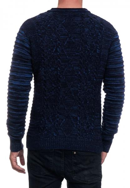 Stilvoller Herren Biker Rundhals-Pullover Grobstrick-Sweater 13357 Marine