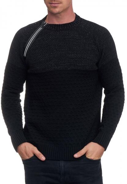 L&auml;ssiger Herren Strick-Pullover mit seitlichem Zipper und Struktur Rundhals-Sweater 13359 Schwarz