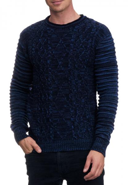 Stilvoller Herren Biker Rundhals-Pullover Grobstrick-Sweater 13357 Marine