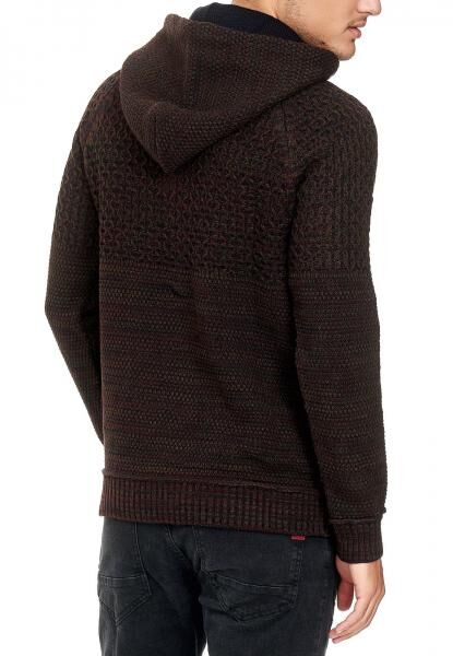L&auml;ssiger Herren Strick Kapuzen-Pullover mit Half-Zip-Rei&szlig;verschluss Sweater mit Biker-Struktur Hoodie 13346 Weinrot