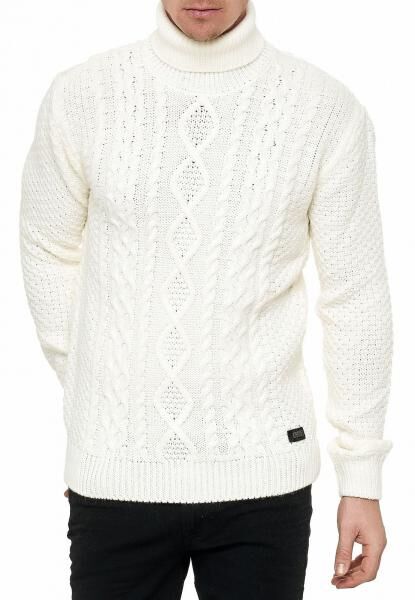 Cooler Herren Grobstrick Rollkragen-Pullover mit eingearbeitetem Muster Sweater 13348 Ecru
