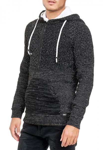 L&auml;ssiger Herren Strick Kapuzen-Pullover mit Half-Zip-Rei&szlig;verschluss Sweater mit Biker-Struktur Hoodie 13346 Schwarz