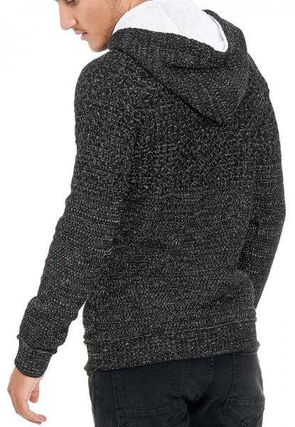 L&auml;ssiger Herren Strick Kapuzen-Pullover mit Half-Zip-Rei&szlig;verschluss Sweater mit Biker-Struktur Hoodie 13346 Schwarz
