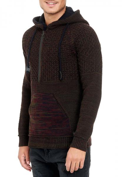 L&auml;ssiger Herren Strick Kapuzen-Pullover mit Half-Zip-Rei&szlig;verschluss Sweater mit Biker-Struktur Hoodie 13346 Weinrot