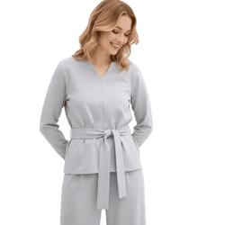 Damen Langarm-Shirt mit breitem Bindeband aus Viskose-Mix Freizeit-Pullover 929960 Grau