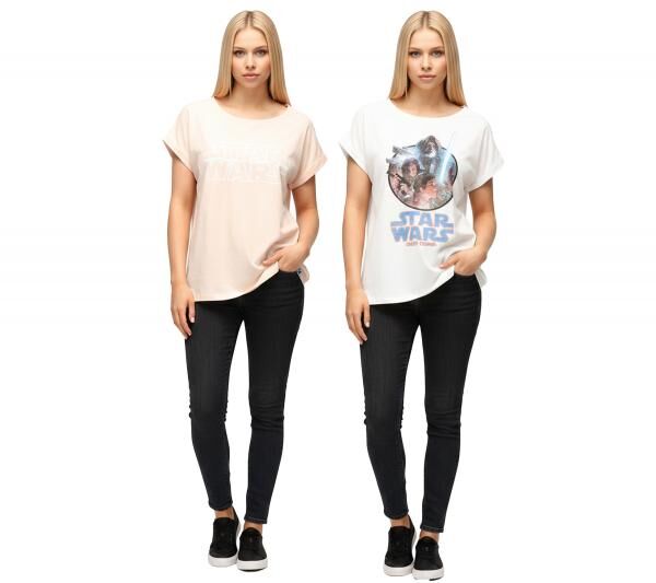 RE:COVERED X STAR WARS Damen T-Shirt mit Schriftzug Baumwoll-Shirt Rundhals-Shirt Boyfriend-Cut in Rosa oder Ecru-Wei&szlig;