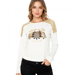 Damen Weihnachts-Pullover mit Pailletten und Rundhals-Ausschnitt Tannenbaum-Pullover Langarm-Shirt mit Glitzer 951396 Weiß