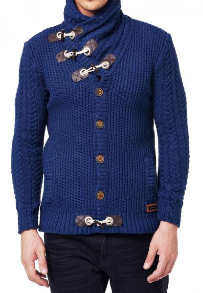 Markante Herren Grobstrick-Jacke mit Stehkragen und Knebelverschluss Cardigan 13418 Petrol