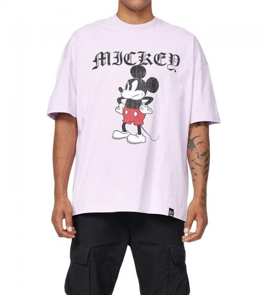 RE:COVERED X Disney Herren T-Shirt mit Grumpy Mickey Mouse Print Baumwoll-Shirt Rundhals-Shirt MMDIS2689 Violett
