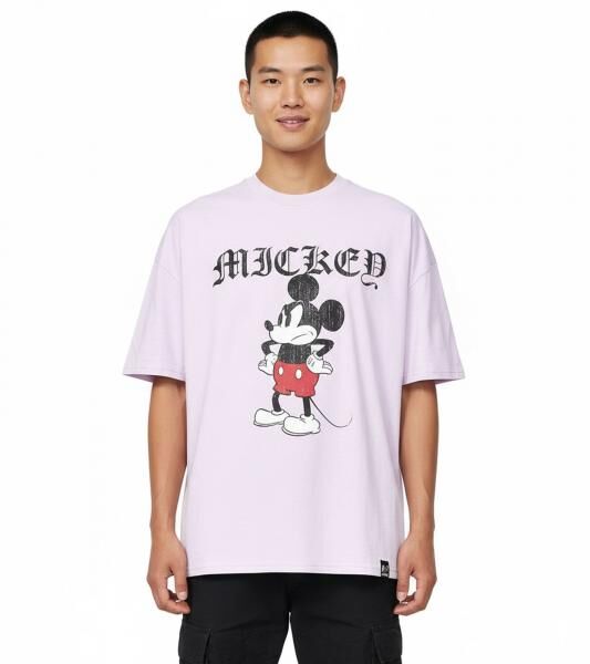 RE:COVERED X Disney Herren T-Shirt mit Grumpy Mickey Mouse Print Baumwoll-Shirt Rundhals-Shirt MMDIS2689 Violett