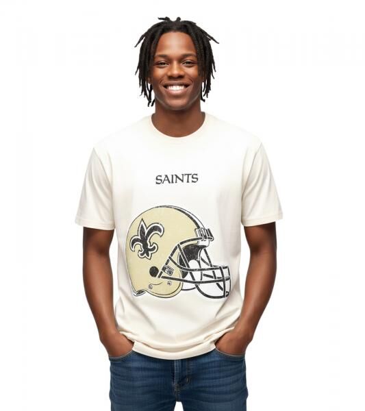 RE:COVERED X NFL New Orleans Saints Herren T-Shirt mit Logo-Schriftzug Baumwoll-Shirt Rundhals-Shirt MMNFL1194 Beige