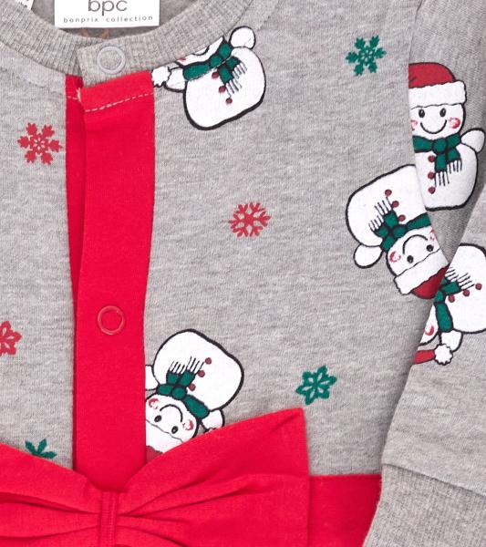 weihnachtlicher Kleinkinder Body f&uuml;r Babys mit Schneemann-Print Baumwoll-Einteiler mit gro&szlig;er Schleife Strampler 951686 Grau/Rot