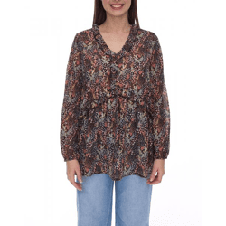 Aniston Damen Sommer-Bluse mit Rüschen-Details Langarm-Shirt mit Allover-Print Arbeits-Bluse 88608001 Braun/Grün/Schwarz
