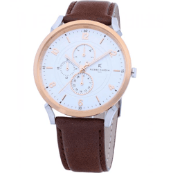 Pierre Cardin Herren Armband-Uhr mit Multi-Ziffernblatt analoge Quarz-Uhr mit Leder-Armband 3ATM 44mm CPI.2060 Braun/Rosegold/Silber