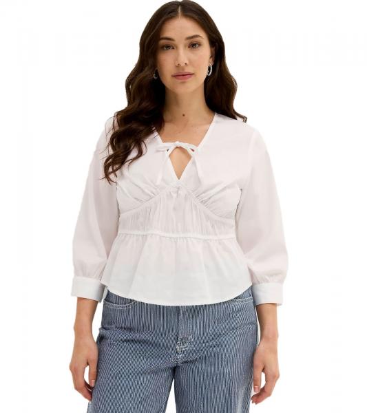 Damen Sommer-Bluse mit Bindeband und taillierter-Saum Sommer-Shirt 968082 Wei&szlig;