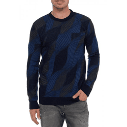 Trendiger Herren Rundhals-Pullover im Wellen-Design Feinstrick-Sweater 13445 Marine