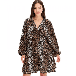 wildes Damen Sommer-Kleid Animalprint-Kleid mit Ballonärmeln kurzes Mini-Kleid 973887 Braun