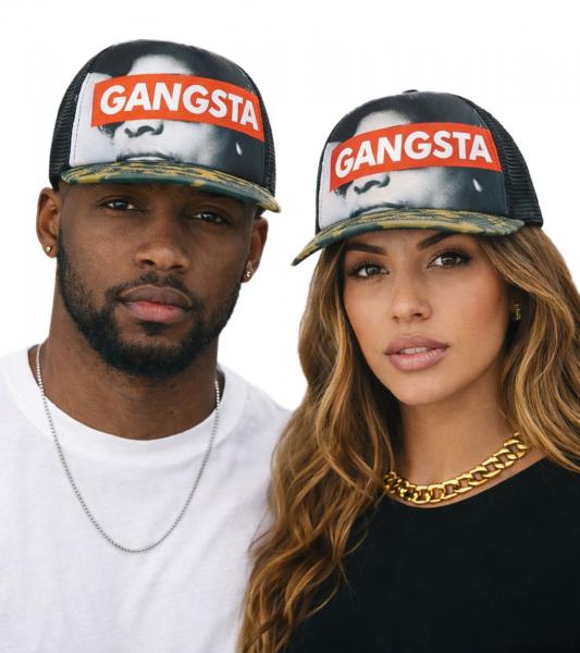 Baseball-Cap mit &bdquo;GANGSTA&ldquo; Schriftzug Trucker-Cap Camouflage mit Mesh-Einsatz Gr&uuml;n/Khaki/Rot/Grau/Wei&szlig;