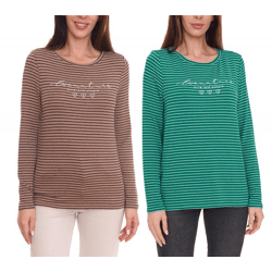 Street One Damen Langarm-Shirt gestreifter Pullover mit Schriftzug auf der Front Braun/Schwarz oder Grün/Weiß
