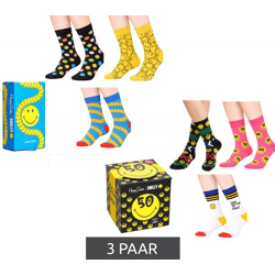 3 Paar Happy Socks Unisex Baumwoll-Socken Sparpack mit Smiley-Print Alltags-Strümpfe in Geschenk-Box Gelb/Schwarz/Blau oder Schwarz/Pink/W