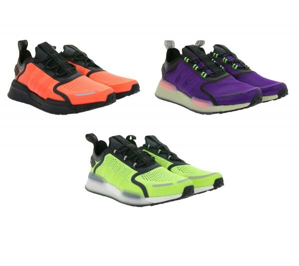 sportliche adidas NMD_V3 Sneaker nachhaltige Lauf-Schuhe für Damen und Herren mit BOOST Dämpfung in Orange/Schwarz, Lila/Schwarz/Grün, o
