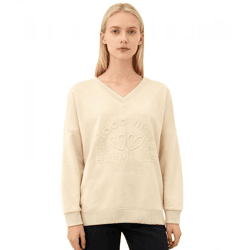 bequemer ZWILLINGSHERZ Pullover Damen Sweat-Pullover GOOD VIBES HAPPINESS mit V-Ausschnitt 46080-29 Beige