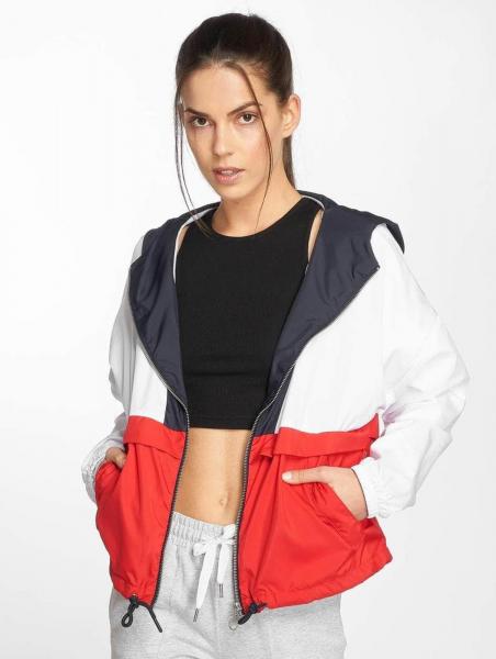 funktionale Urban Classics Damen Jacke gro&szlig;e Kapuze Kordelzug 78 g/m&sup2; Blau/Wei&szlig;/Rot