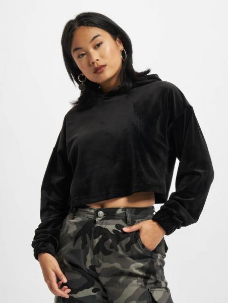 weicher Urban Classics Damen Hoodie Stretch Rippb&uuml;ndchen Kapuze Schwarz