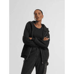 Modern URBAN CLASSICS Women's Hoodie with Zipper and Ribbed Cuffs, 330 g/m², Cotton Blend, Black