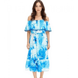 Damen Sommer-Kleid Jersey-Kleid im Allover-Batik Design mit Bommeln und Volant 925122 Blau