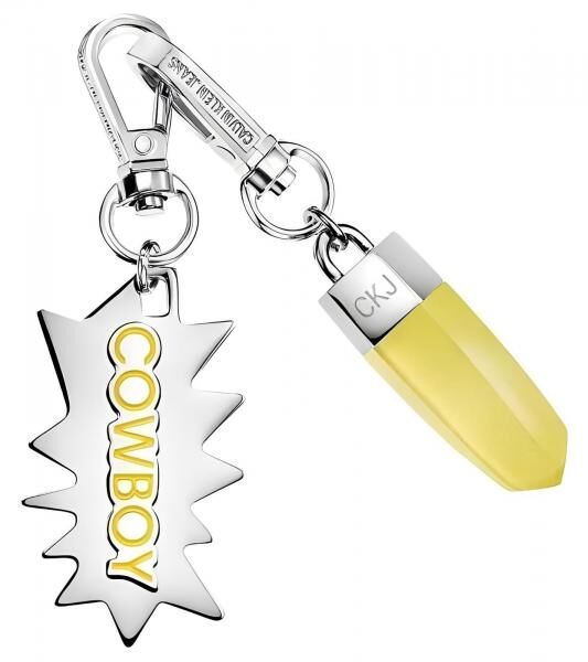 Cooles Calvin Klein Charm-Set Downtown Edelstahl-Anhänger mit kontrastfarbigen Harz und COWBOY-Schriftzug Taschen-Accessoires 7x1,3cm KJJC
