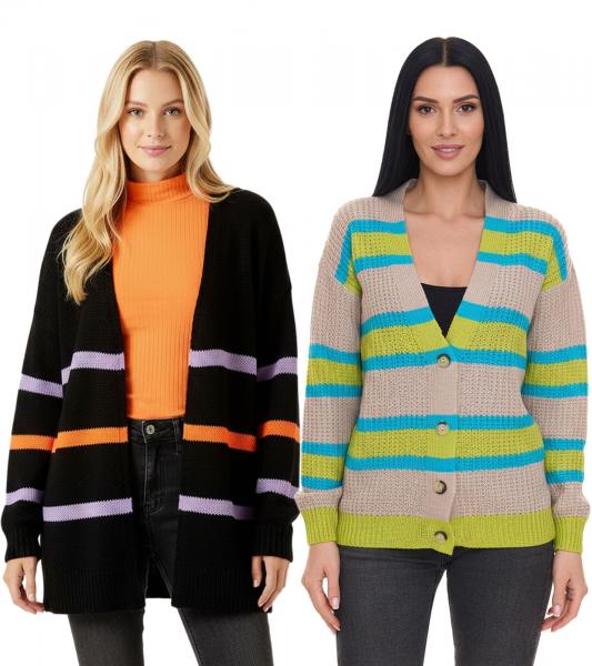 Aniston CASUAL Damen Strick-Jacke modischer Cardigan mit Knopf-Verschluss und Kontrastfarbigen Streifen in Beige/Blau/Grün oder Schwarz/Or