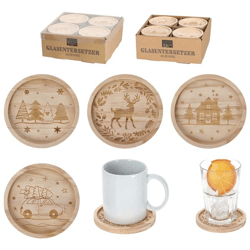 Glasuntersetzer XMAS Holz, 4/s, ca.11,5cmD