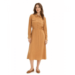 Klassisches Damen Hemdblusenkleid aus Viskose-Mix Maxi-Kleid 943847 Hell-Braun