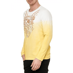 Cooles Herren Longsleeve mit Farbverlauf und Frontprint Slim Fit Rundhals Langarm-Shirt im Washed Look 10148 Gelb