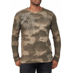 Lässiges Herren Longsleeve Rundhals Washed Print Design Slim Fit Langarm-Shirt 10144 Khaki