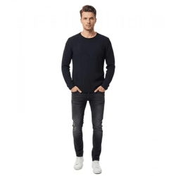 Moderner Herren Strick-Pullover im Destroyed Look Slim Fit Rundhals-Sweater mit Strukturstrick 13249 Marine 