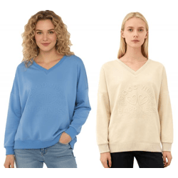 bequemer ZWILLINGSHERZ Pullover Damen Sweat-Pullover GOOD VIBES HAPPINESS mit V-Ausschnitt 46080 Beige oder Blau