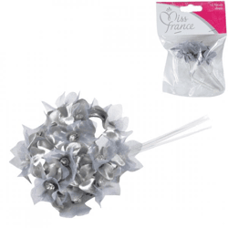 Miss France Satinblumen mit Strasssteinen grau 13 cm 12 Stück