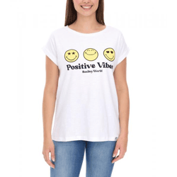 RE:COVERED X Smileyworld Damen T-Shirt mit farbigen Smileys Baumwoll-Shirt Rundhals-Shirt RCSMLYWD460 Weiß