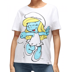 RE:COVERED X Schlümpfe Damen T-Shirt mit Schlumpfine Print Baumwoll-Shirt Rundhals-Shirt RCSMF118 Weiß