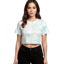 ZEGY Damen Crop-Top im Batik-Look Baumwoll-Shirt T-Shirt 1075 Weiß/Blau