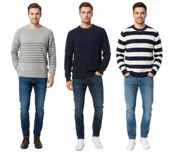 Stylischer ESPRIT Herren Strick-Pullover mit Streifen oder Wellenmuster Rundhals-Sweater Baumwoll-Pullover Dunkelblau/Wei&szlig;, Grau oder Blau