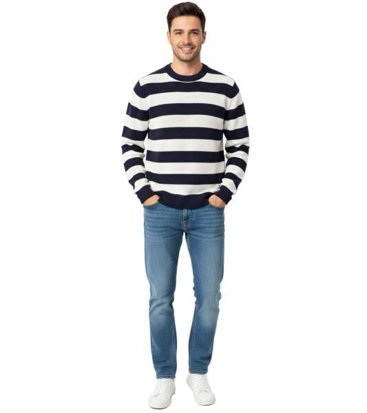 Stylischer ESPRIT Herren Strick-Pullover mit Streifen Rundhals-Sweater Baumwoll-Pullover Dunkelblau/Wei&szlig;