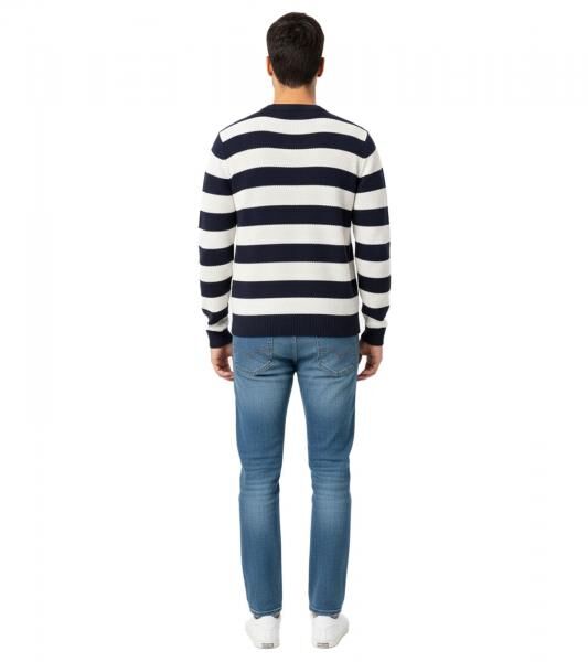 Stylischer ESPRIT Herren Strick-Pullover mit Streifen Rundhals-Sweater Baumwoll-Pullover Dunkelblau/Wei&szlig;