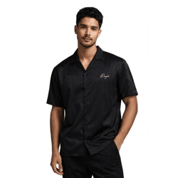 Elegantes ROUGH. Herren-Kurzarmhemd im Satin-Look mit minimalistischer Logo-Stickerei in Schwarz