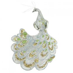 Pauw op clip glitter zilverkleurig 18 cm
