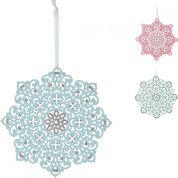 Weihnachtsanhänger Schneeflocke Holz Pastell Glitter 22 cm 3 assorti