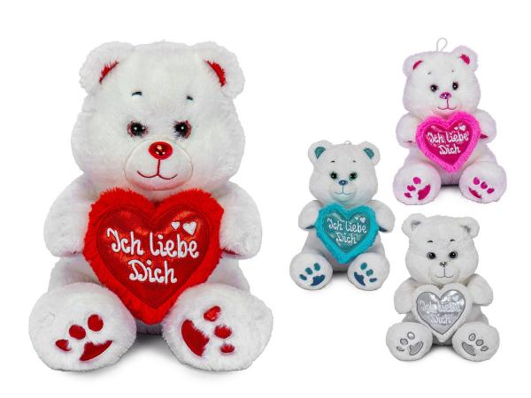 B&auml;r wei&szlig; mit Herz - Pl&uuml;schfigur - 4-fach sortiert - 25 cm